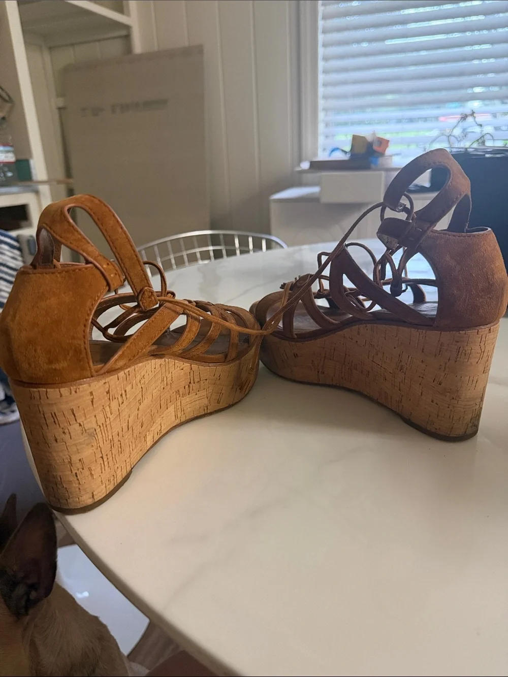 Frye Tan Suede Cork Platform Lace-Up Wedges